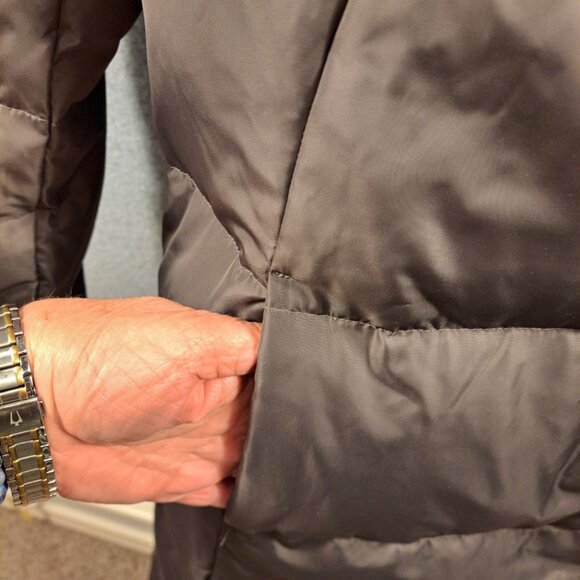 Cole Haan Down Puffer Coat M Brown Quilted Maxi Signature Hooded Full Length Zip - Picture 10 of 14